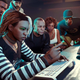 Dr. Dre, Franklin and others look closely at a PC monitor in a GTA Online screenshot.